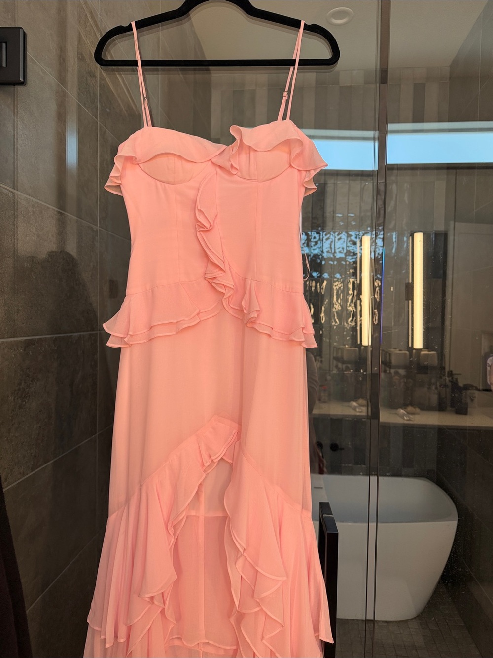 Romantic Pink Ruffle Maxi Dress with Spaghetti Straps